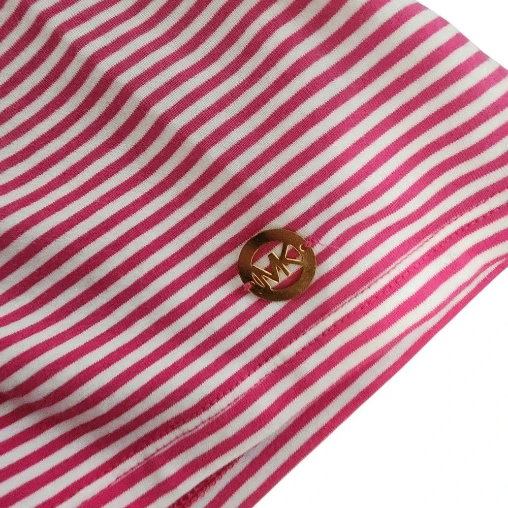 Michael‎ Kors Pink White Striped Cold Shoulder Ruffle Top Large MK Logo Charm